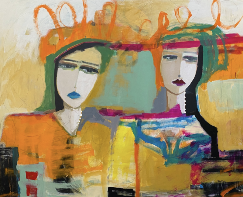 Acrylic painting titled Connection: What I Think You Think by Janet Little, measuring 48 x 60 x 1.5 inches. The piece features two abstract female figures with pale faces, somber expressions, and bold makeup—one with blue lips, the other with deep burgundy. They are surrounded by warm tones of orange, gold, and teal, with expressive brushwork and swirling orange lines above their heads
